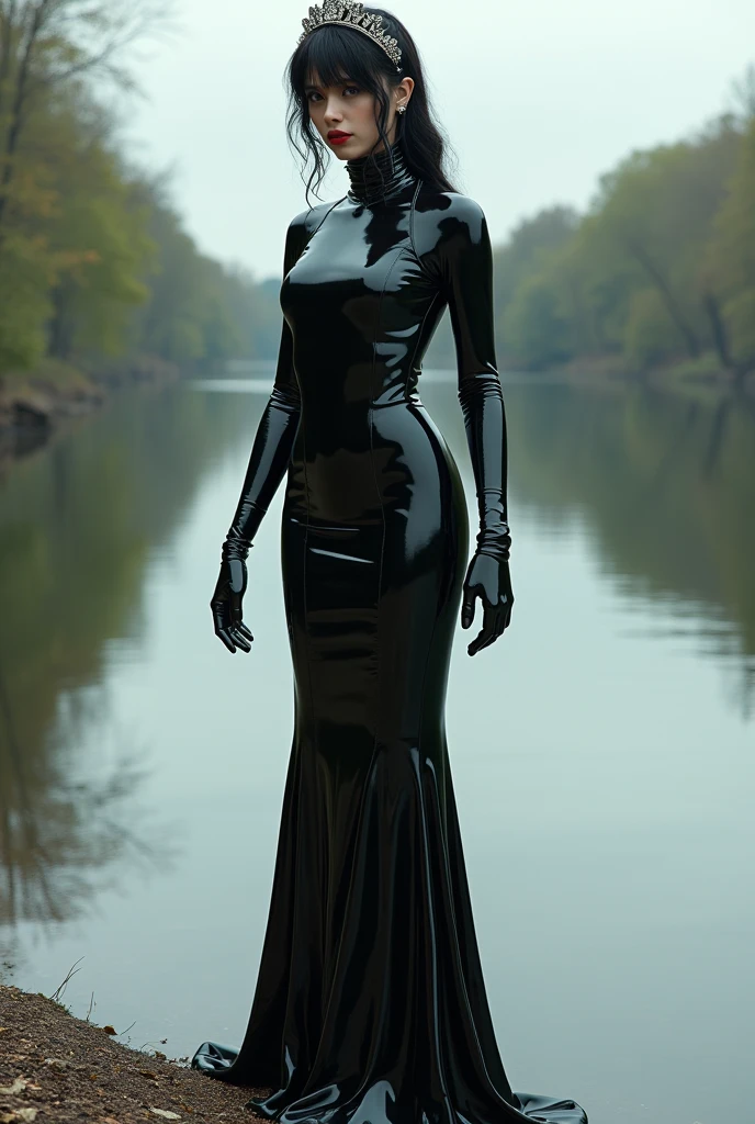 Portraiture、(masterpiece,Highest quality,Ultra-high resolution),(Latex maid dress clothes)、(((Latex Long Skirt)))、(A long-sleeved latex shirt that covers the upper body)、Latex Long Gloves、Latex socks、(Latex bodysuit)、The clothes fit snugly to the body、Latex is very shiny、Standing on the riverbank、