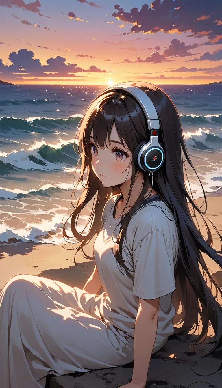 「A girl sitting by a window overlooking the sunset and waves。She puts on headphones、Wearing a T-shirt、Drinking coffee while feeling sleepy。The soft light of the setting sun gently illuminates her face、The shadows add a light accent to the cheeks.。Her eyes are half closed、With a gentle smile、It creates a relaxed atmosphere。Immersed in music、A pleasant breeze gently sways my hair、Outside the window, you can see the beautiful purple and orange gradation of the sunset and the waves.、Ghibli-style scenery spreads out before you。--ar 4:2」