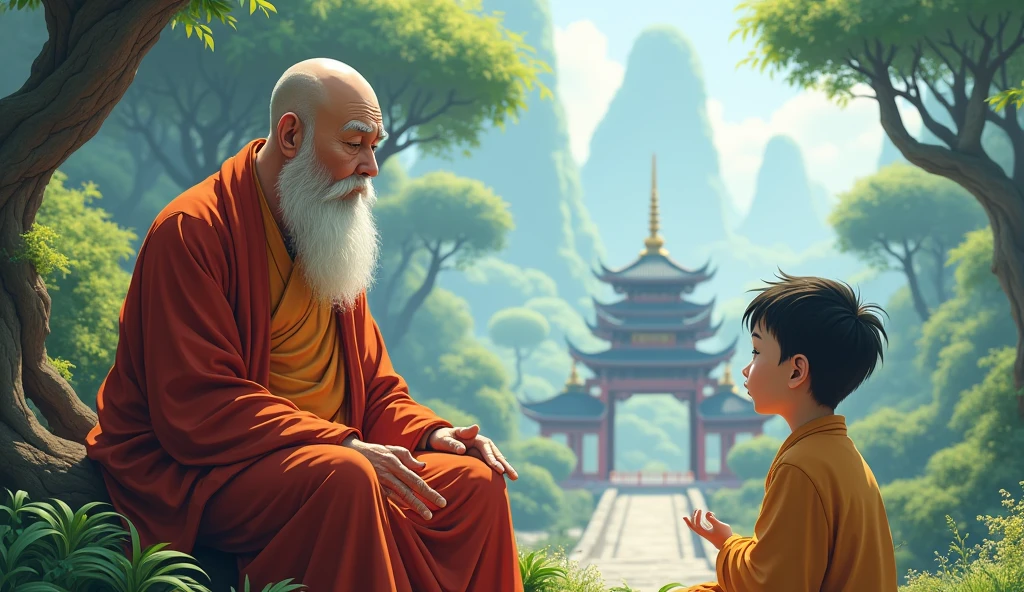 bald fat old monk, young desciple, sitting, teaching, peaceful, surrounded by beautiful nature, temples, beautiful trees, wisdomfull, in anime style,