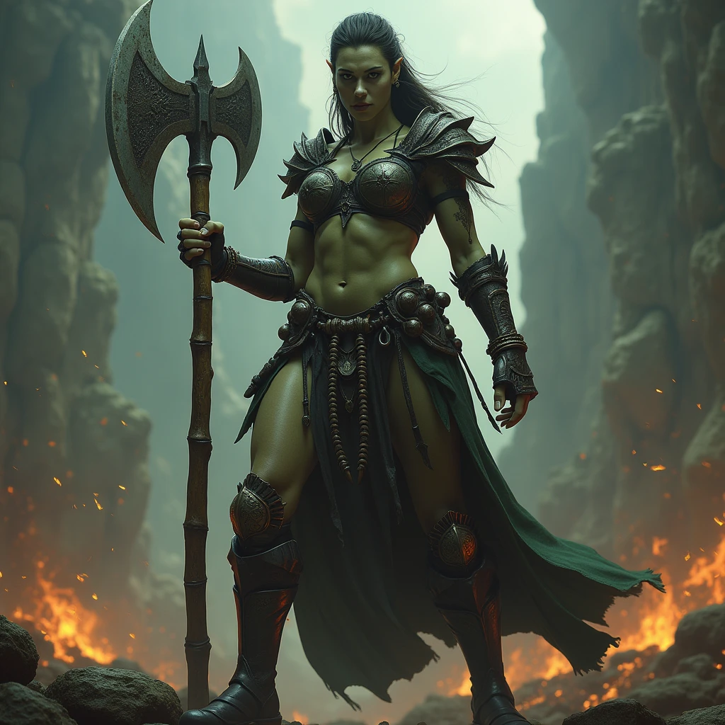 Elfa nua, Com Olhos Brilhantes, Bruxa, maligna, with magic axe in hand, tatuagens pelo corpo, roupa de barbara, musculosa.