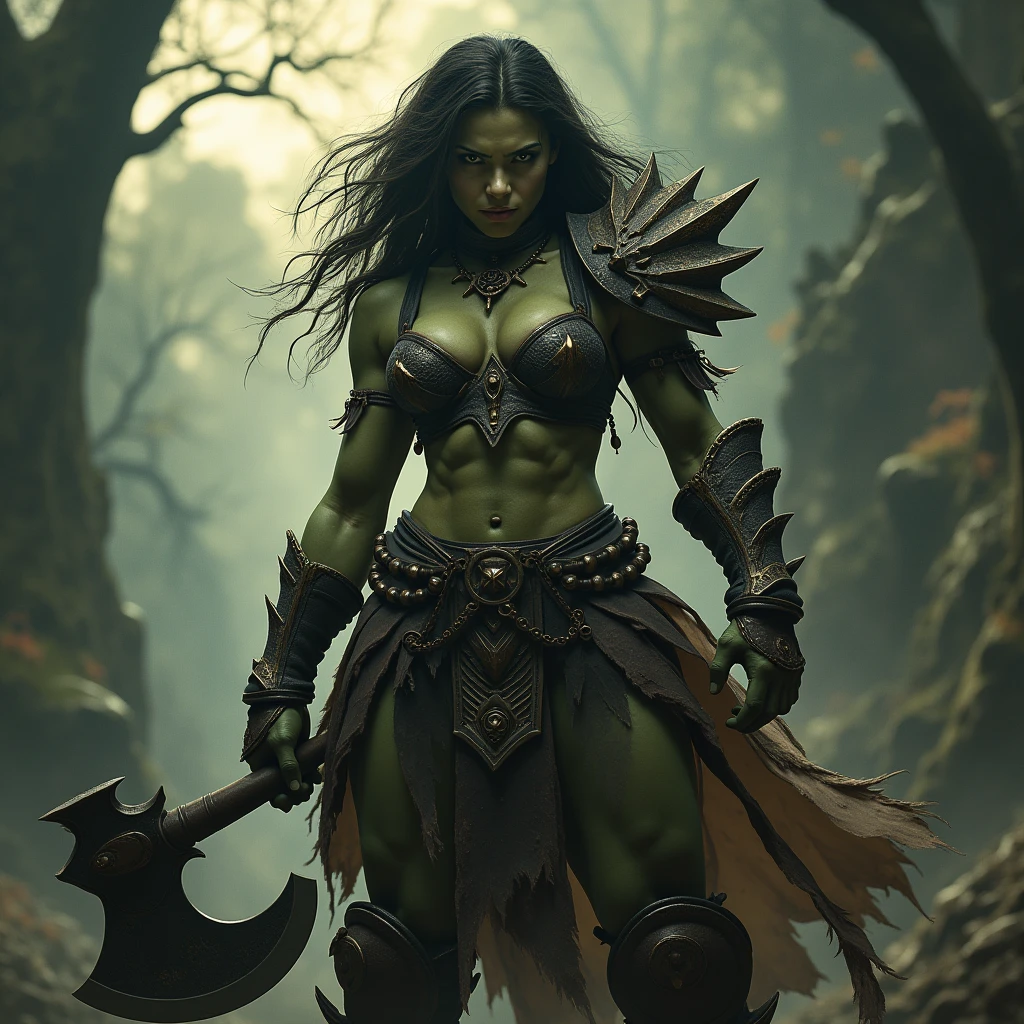 (best quality,4k,8k,highres,masterpiece:1.2),ultra-detailed, 1woman, female orc, woman orc, lust in her eyes, wielding an ax, BULKY, HDR, 8k, absurdres, cinestill 800, sharp focus, add_detail:2, (solo, woman)

