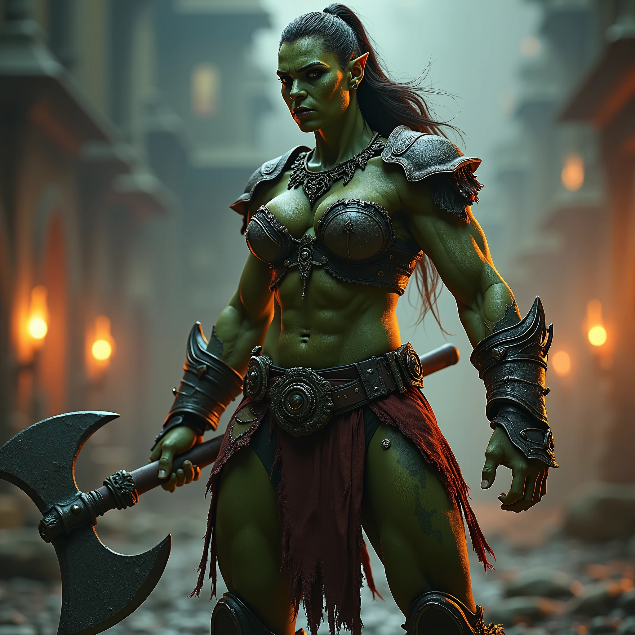 (best quality,4k,8k,highres,masterpiece:1.2),ultra-detailed, 1woman, female orc, woman orc, wielding an ax, BULKY, HDR, 8k, absurdres, cinestill 800, sharp focus, add_detail:2, (solo, woman)
