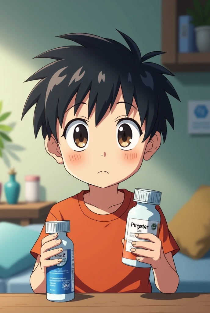 Make an anime about a boy thinking what to buy between two products one is real and the other is fake and he is holding the medicine product 
