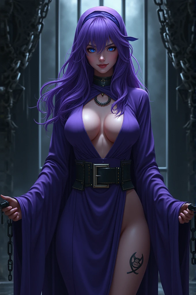 gothic warrioress queen in dark blue kimono robe and midi skirt, satin, fur, (stockings), decollete, natural breasts, slim body, zettai ryouiki, medium length hair, beautiful detailed purple eyes, portrait, most realistic, highest quality, best pixels, 8k ultra