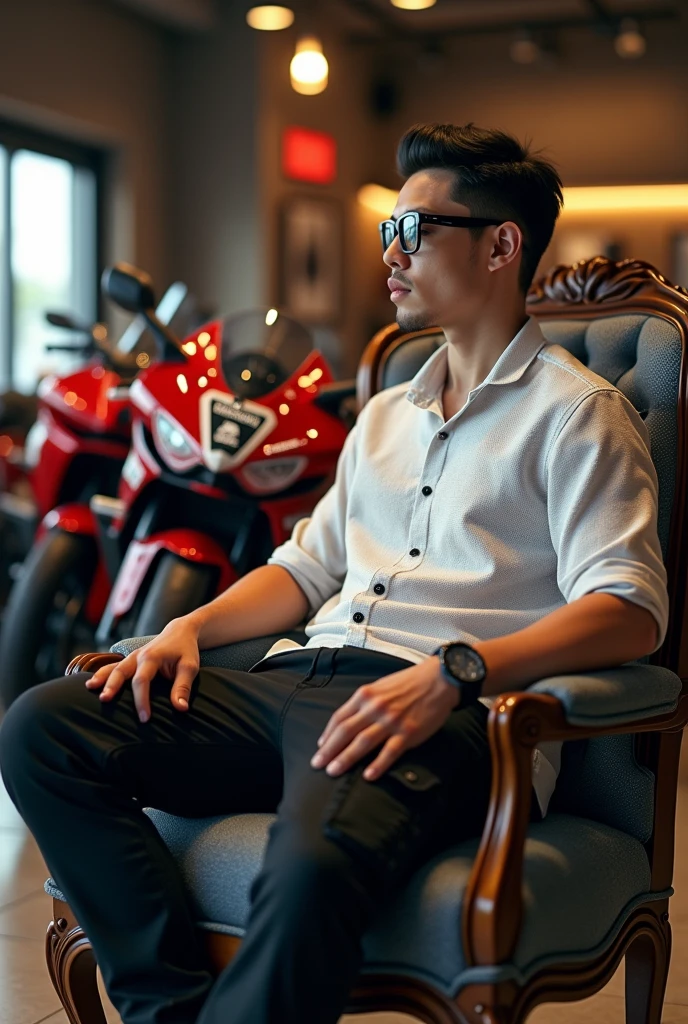 Photomeralism A 25 year men guy sitting wearing Black stylish spects in a royal chair  in a bike showroom wearing a white printed shirt,a black cargo pant and buying his dream bike modified Hayabusa and a sticker Hayabusa and a name charan on the bike