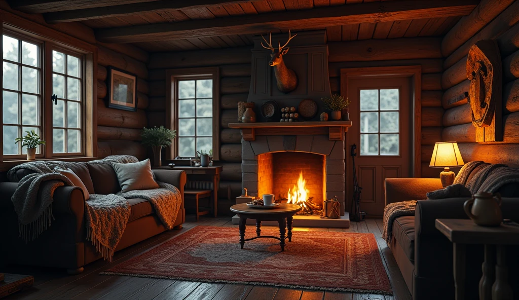 traveller's lodge, living room interior design, cozy dark brown couch with quilt blankets, fire place, deer head decorations, hunter's gun, warm coffee on table and cookies, dark, vintage, clutters, rusty, old dark woods, wide shot, realistic, cinematic, night time, cool tones, hyper realistic