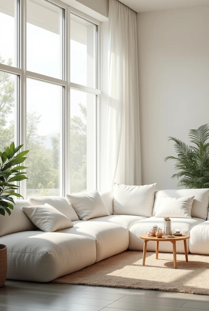 Room with huge windows and white fleece sofas 
