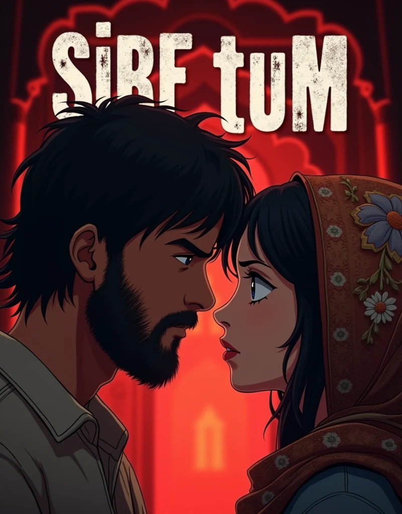 Create a anime style landscape Poster image. Dramatic movie poster featuring two individuals in an intense, close-up moment. The layout is vertical with the CAPITAL text "SIRF TUM" prominently displayed at the top in bold, distressed white text with a slight shadow effect. The background is a deep red gradient, adding to the dramatic effect. The male on the left has medium-length, tousled hair, a thick beard, and a serious expression, wearing a light-colored shirt. The female on the right has fair skin, dark hair, and is wearing a traditional, intricately embroidered headscarf with floral patterns. Both characters are gazing into each other's eyes, creating a sense of tension and emotion. The background features a dimly lit architectural structure, adding depth to the scene. 4k, UHD, ULTRA HIGH QUALITY, FULL HD.