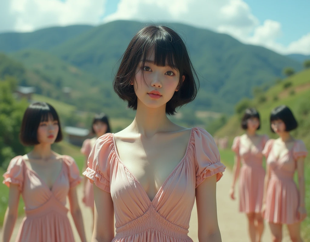 (((((Japanese Clone girls=Myself)))))), (((best masterpiece Clone girls Raw Photography Art))), (16K, Highest quality, Ultra-high resolution, RAW Photos), (((Unrealistic, Unparalleled depiction, An unbelievable sight, Unprecedented and shocking, In a world where myselves are multiplied, Ultra-realistic))), (((Japanese, woman, 20yo, Sasaki Nozomi))), (Small face, ((Thick black hair, Short Hair))), ((V-neck short-sleeve dress)), (((((Very beautiful detailed girls, Accurate body structure, Very detailed完璧な, Super busty body with very large breasts, Clearly emphasizes cleavage))))), (((Dark Eyes, Mature face, Cute Smile, A gentle gaze))), (((Very happy laughter is beautiful))), ((((((((Very detailed分身増殖描写, ((1Myself → Clone Multiplication → 1,000,000,000,000,000,000,000,000Myself)))))))))), ((((((((Very detailed, 寸分違いない緻密なMyself multiplication描写の, ((With the same perfectly MySelf body, With a face that is exactly the same as Myself, With the exact same hairstyle as Myself, In the exact same clothes as Myself, Perfectly the same height as Myself, The same super big breasts as Myself)))))))))), (((Myself only))), (((Very detailed, Myself multiplication, 1,000,000,000,000,000,000,000,000Myself→100,000,000,000,000,000,000,000,000,000,000,000,000,000,000^1,000,000,000,000,000,000Myself))), (((Very detailed, (An embrace between self, Back to Back, Myself is here!, Fun conversation with others, Happy conversation with myself, Kissing each other anywhere, Doting on Myself, Myself holding hands)))), (Free pose), (Sexual seduction), (((Unbelievably crowded, Close contact between transcendent selves, Countless &quot;myselves&quot; completely surround me in 360 degrees))), (Bright and soft sunlight), (((Very wide field of view, Very detailed, Detailed ultra-perspective depiction with clear depth))), (((((Rural landscape with slopes))))), (((Very photographic and detailed, Myself is infinitely multiplied, filling the gaps and filling the horizon, Myself exists infinitely and it creates a fun atmosphere))), (Focus on the average value of the image)