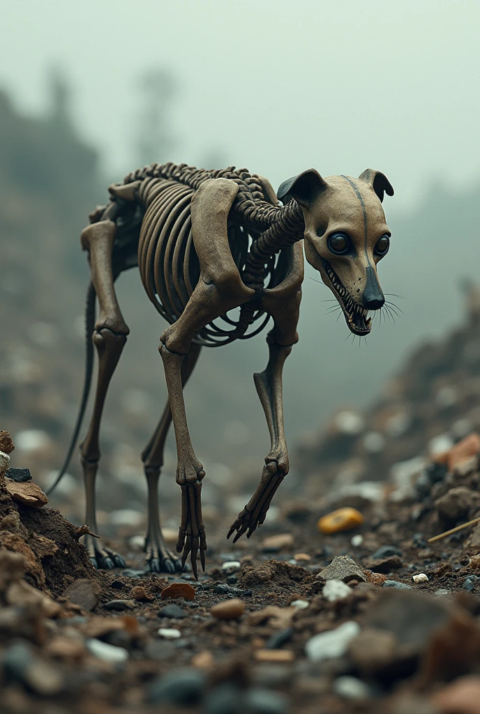 A dog with only its skin left
bones foraging for food in the landfill