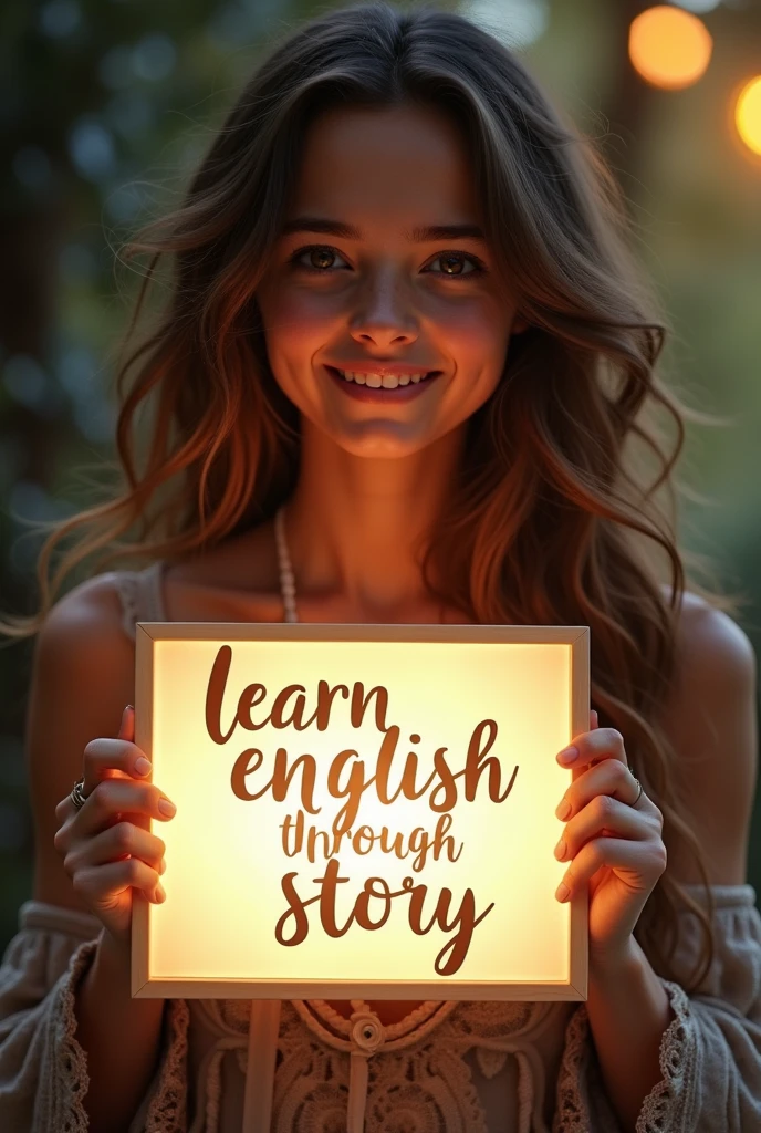 Beautiful girl with heart-warming smile and wavy long hair, bohemian dress, holding a white board with text "learn English Through Story" and showing it to the viewer, the board is glowing with the text.