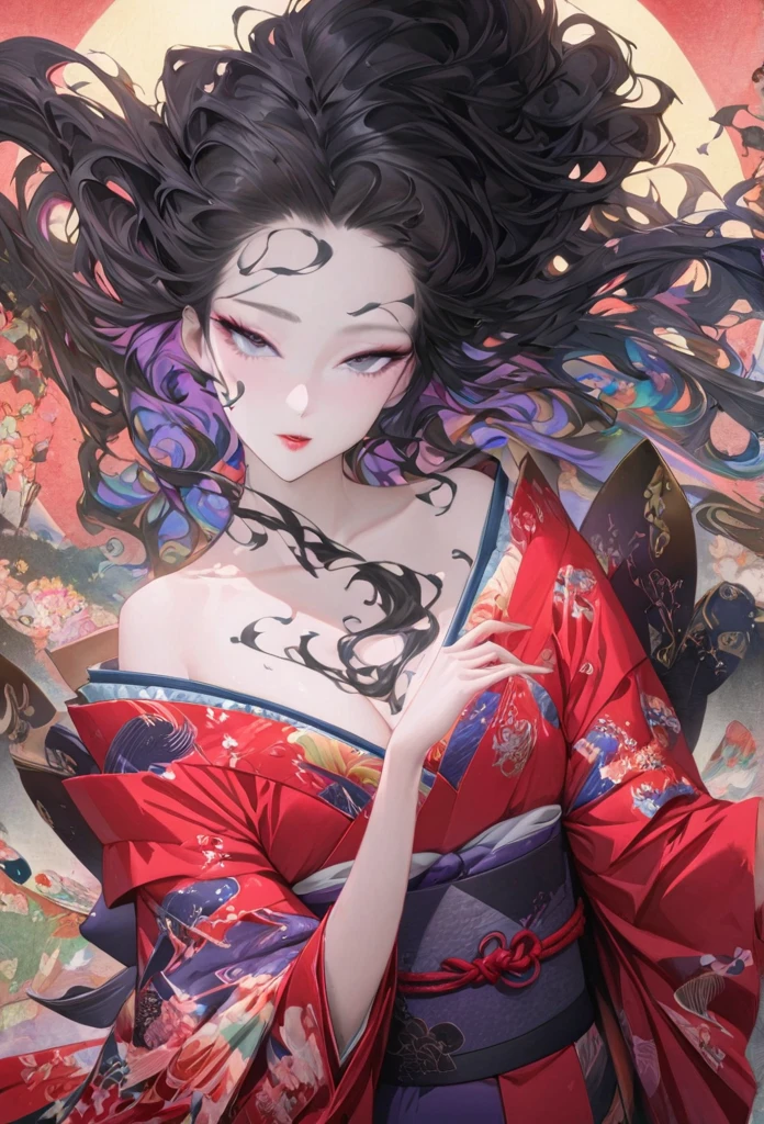 A fusion of watercolor and oil painting, , Mix of Japanese paintings, Ukiyo-e and woodblock prints, Conceptual installation art, Beautiful Princess, Enchanting and seductive expression, compensate, Best body shape, colorfulな日本の着物を着ている, (Super detailed, The absolute solution, Highest quality:1.3), 2.5D, delicate and dynamic, artistic, Hyper, Graphics CG Digital Art, The background is old Japanese paper with a rainbow pattern.、Black Hair、Black Eye、Red kimono、Dancing Kimono、Fluttering hair、Bob Hair、eye shadow、Eyeliner、mascara、lipstick、colorful
