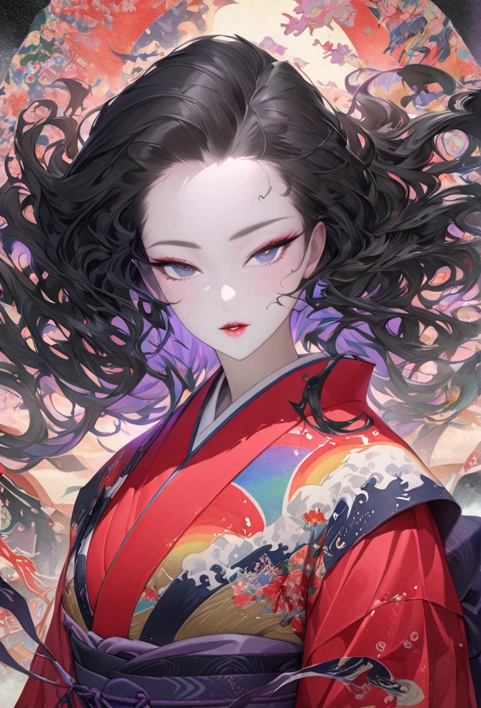 A fusion of watercolor and oil painting, , Mix of Japanese paintings, Ukiyo-e and woodblock prints, Conceptual installation art, Beautiful Princess, Enchanting and seductive expression, compensate, Best body shape, colorfulな日本の着物を着ている, (Super detailed, The absolute solution, Highest quality:1.3), 2.5D, delicate and dynamic, artistic, Hyper, Graphics CG Digital Art, The background is old Japanese paper with a rainbow pattern.、Black Hair、Black Eye、Red kimono、Dancing Kimono、Fluttering hair、Bob Hair、eye shadow、Eyeliner、mascara、lipstick、colorful