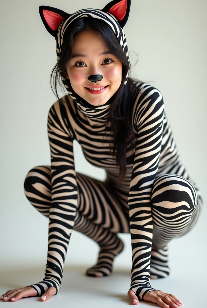 The beautiful Chinese asian adult girl with beautiful cheeks wears zebra print lycra turtleneck unitard catsuit covered with stripes and zebra print lycra elastane stretchy dancewear hijab-like 100% stretchy zentai hood.She is happy to crawl.She always put fake cat whsikers and nose that are made of black makeup marker pen.