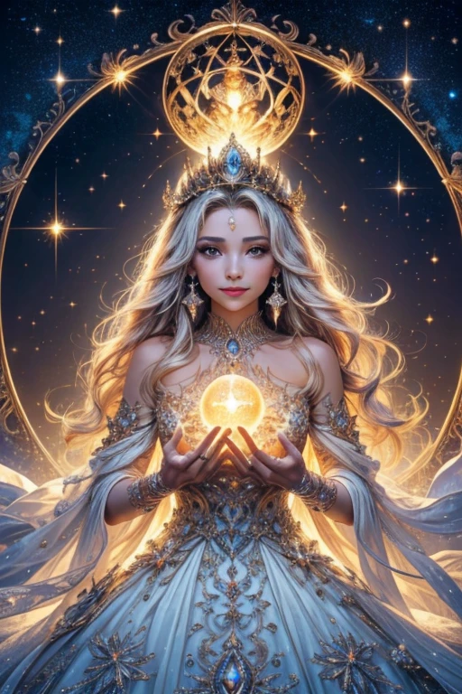 A light orb surround by the magician circle with inside the orb has a diamond, hand, many shining butterfly, beautiful smile, sparkle sky, shining, gust of wind, light bright flowers, sun and moon, dark light of fantastic and cosmological with universal. Amazing view very bright and warm starry. Detail, HD, Enchanted. Multiple colours. Beautiful perfect face and anatomy. Amazing bright dress. Very epic and bright, best pose. A goddess. Golden shining accessories. Cute. Sky half bright, half starry dark. Diamond on the crown, split up sky into day and night. Match