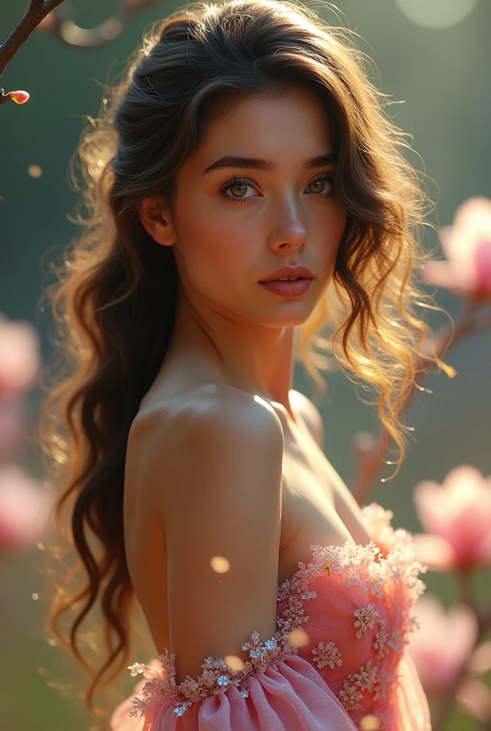 beautiful brunette girl, cinnamon skin, wavy hair, iridescent gown, colorful magnolia flower motif, highly detailed, photorealistic, 8k, hyperrealistic, cinematic lighting, vibrant colors, dramatic composition, ethereal, elegant, magical realism
