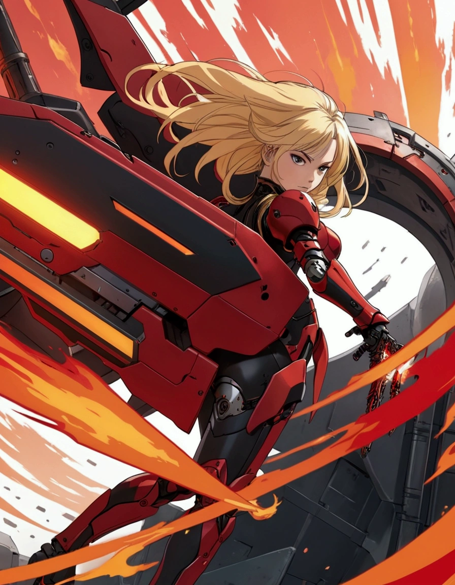 The image depicts a female anime character with long blonde hair and black and red armor, she has a robotic right arm, wielding a curved flaming sword and a large cybernetic shield. She appears to be in a futuristic or sci-fi setting, surrounded by mechanical structures. 