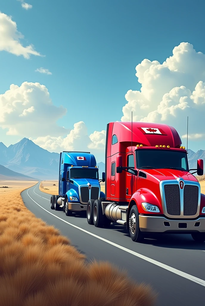Canadian two truck in red and blue colour on long road in row