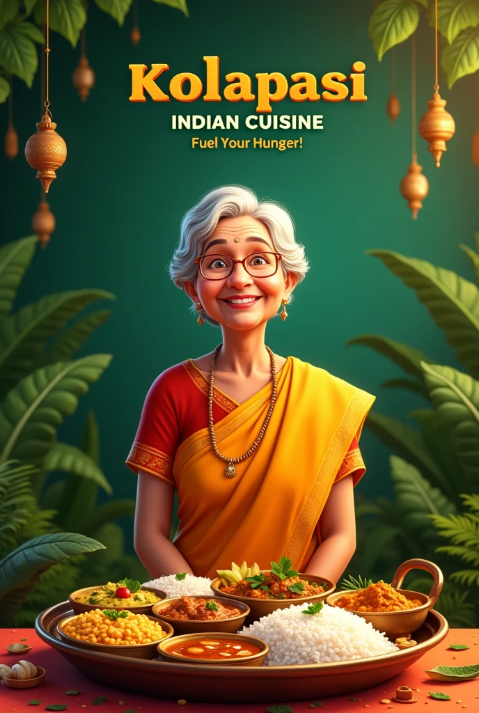 banana leaf background with a happy old lady with restaurant name kolapasi indian cuisine with tag line fuel your hunger and thali with items