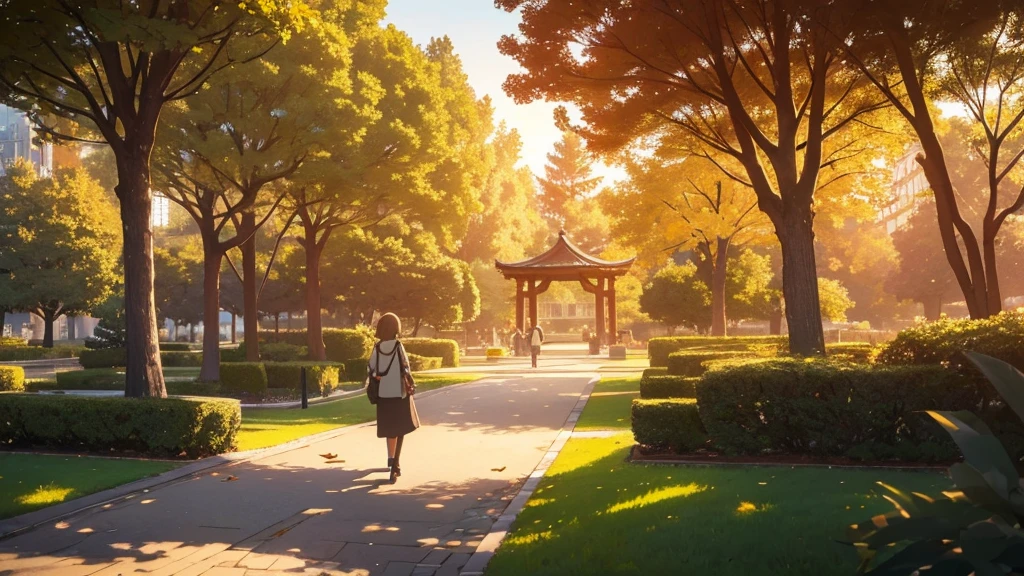 ((detailed anime style masterpiece)), sunset, park in tokyo, a top view to a Ghibli style, a bench in a park, people walking around, beautiful evening atmosphere, beautiful trees and grass, detailed pleasant clouds, several birds in the air, also leaves falling from trees, (best quality,4k,8k,highres,masterpiece:1.2), detailed grass, detailed clouds, detailed birds, detailed falling leaves, muted colors, warm lighting, golden hour