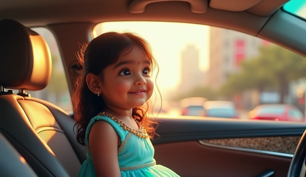 A beautiful Indian girl named Shreya is 2 and she is wearing a sky blue frock and she is sitting in the front seat of a luxury car and is watching the traffic from the driver.