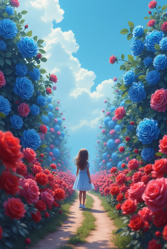 A girl stand on the road and everywhere red and blue roses
