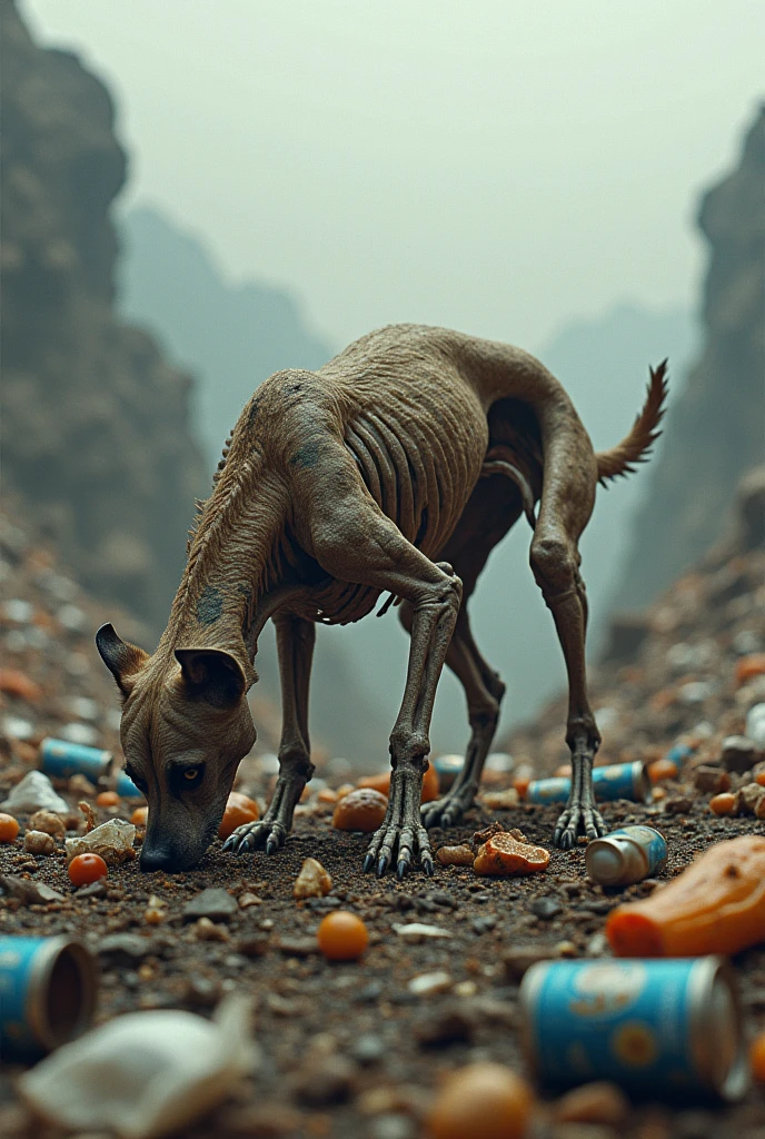 A dog with only its skin and
  bones foraging for food in the landfill.He found meatballs that looked delicious