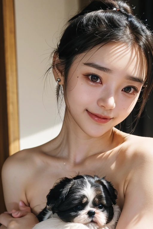 (2 pure Japanese girl,), (Small breasts:1.5,),(Mole on left side of neck:1.5),(solo,,Textured skin, Detailed skin,Detailed face,Detailed eyes,detailed posing,Natural eyebrows,Sparkling Eyes,High detail, Highest quality, Super detailed, Surrealism, ,8k,RAW Photos,Photographicism,Professional Lighting,Ray Tracing,Portrait Photography,Natural Light),(((Black Hair, Natural Makeup,Simple earrings, Bun Hair,smile))),(((Holding a puppy,Shih Tzu dog)))