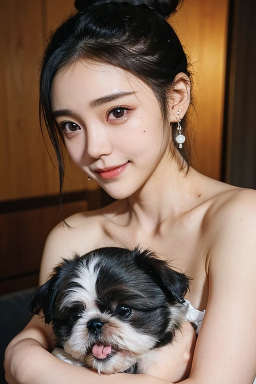 (2 pure Japanese girl,), (Small breasts:1.5,),(Mole on left side of neck:1.5),(solo,,Textured skin, Detailed skin,Detailed face,Detailed eyes,detailed posing,Natural eyebrows,Sparkling Eyes,High detail, Highest quality, Super detailed, Surrealism, ,8k,RAW Photos,Photographicism,Professional Lighting,Ray Tracing,Portrait Photography,Natural Light),(((Black Hair, Natural Makeup,Simple earrings, Bun Hair,smile))),(((Holding a puppy,Shih Tzu dog)))