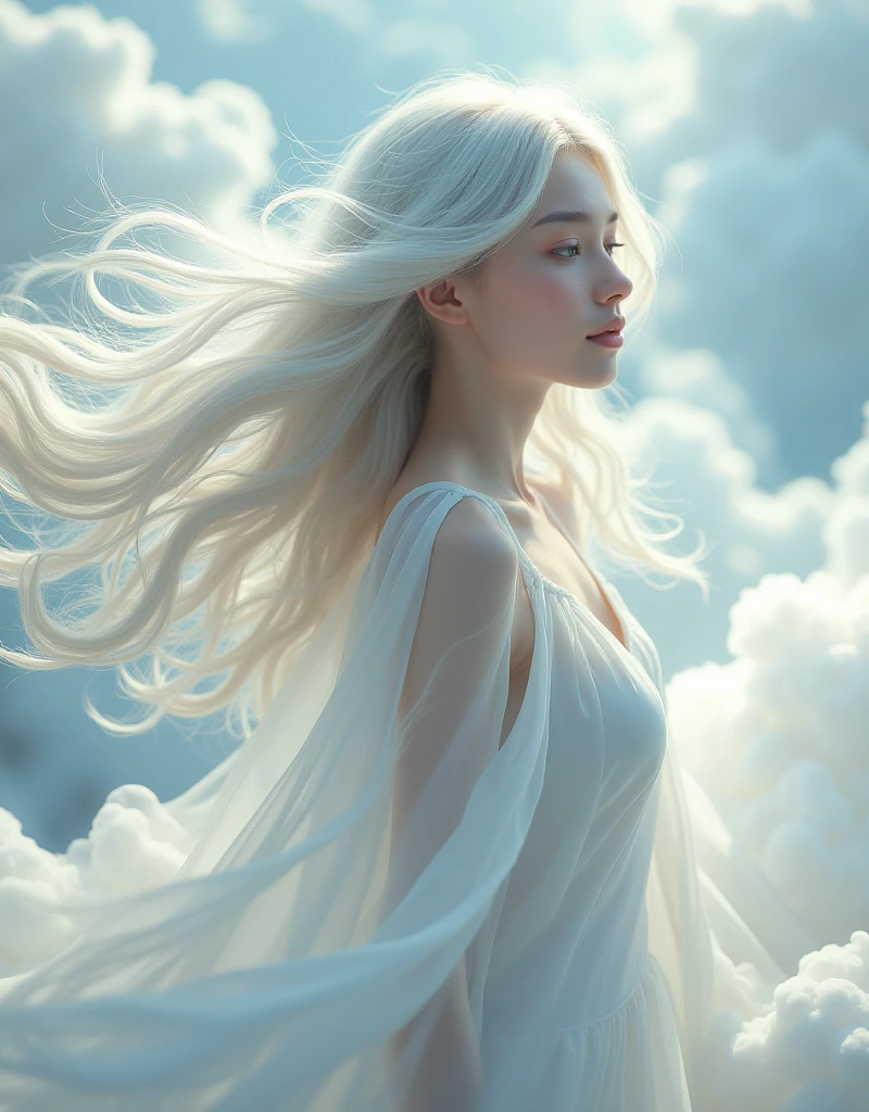 Highest quality、Very delicate、Long Hair、Fantasy、beautiful、ephemeral、Loose、cute、hope、Dynamic Cloud、Silver Marble Skin