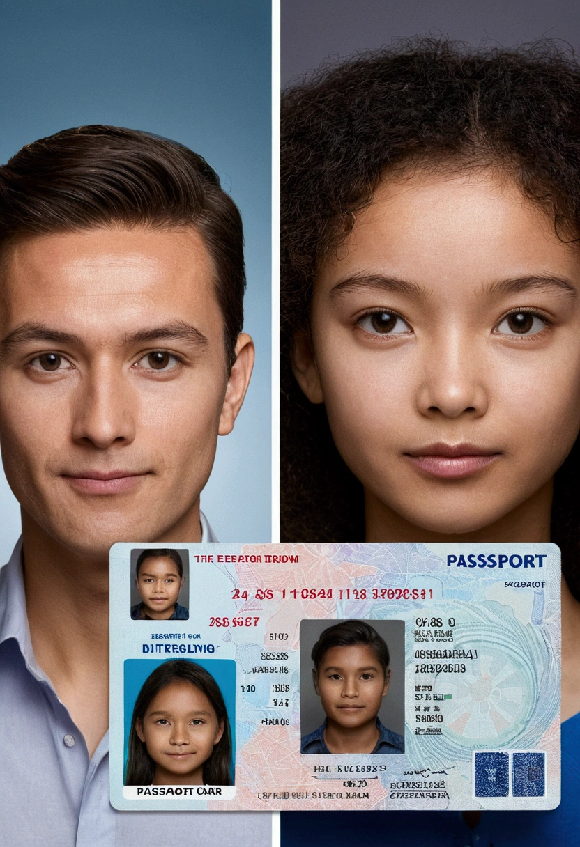 Generate 2 images one is in a room holding a ID card and another one is the pic of the face in passport size