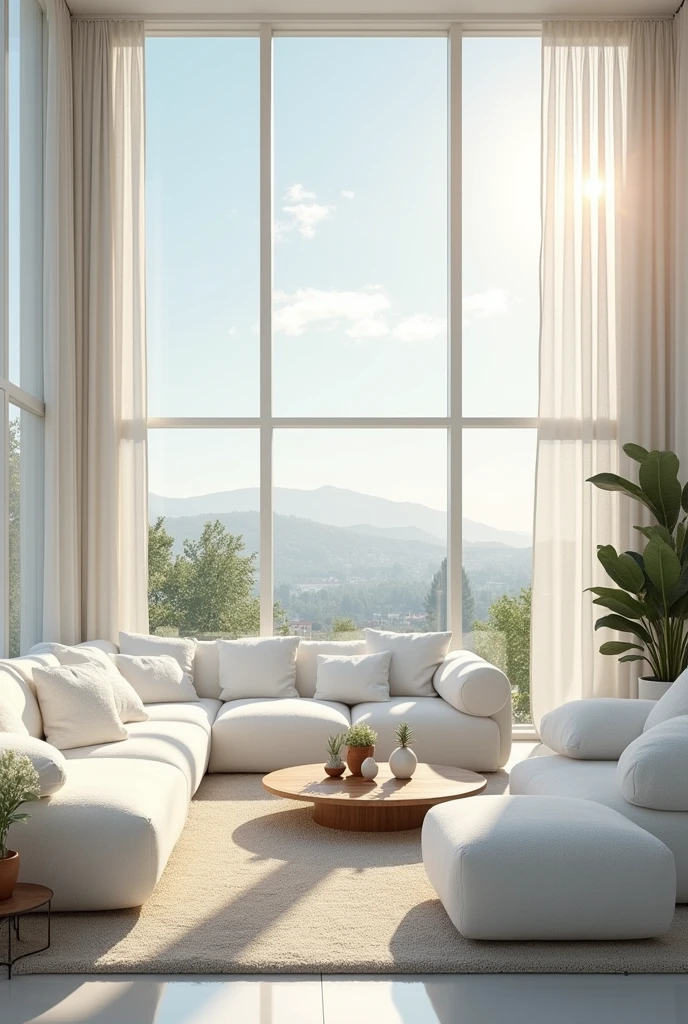 Room with huge windows and white fleece sofas 