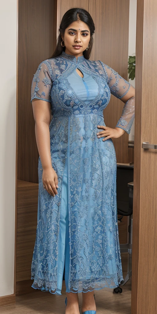 Day scene, A radiant, full-figured South Indian 3 aunty a navy blue colour chiffon fully transparent kurta, bra visible through kurta, ,standing, in a office captured in a full-body image with vibrant hues and meticulous details. Full body image