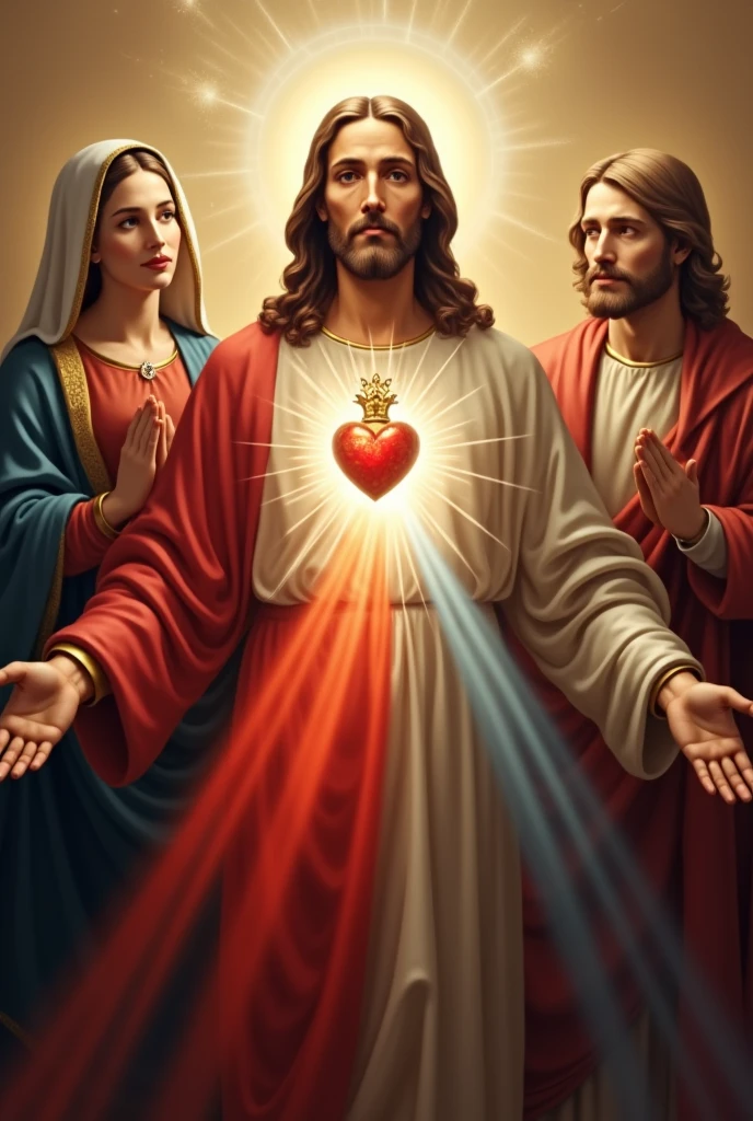 (photorealism:1.2)  divine mercy with red and white rays and nail marks on hand with our mother of perpetual help and saint joseph