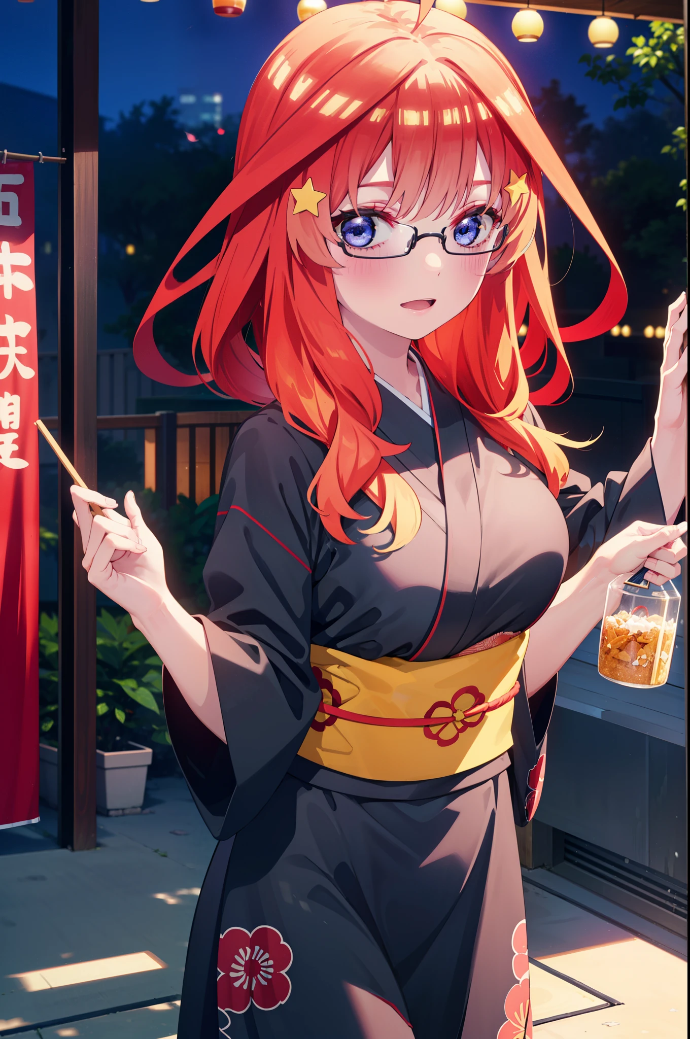 itsukinakano, Itsuki Nakano, bangs, blue eyes, Hair between the eyes, Ahoge, Redhead, star \(symbol\), hair ornaments, star hair ornaments,花のhair ornaments,Black-rimmed glasses,hair tied back,smile,blush,Open your mouth,Big Breasts,night,Red Kimono,Long skirt,He is holding cotton candy in his right hand and a clear bag full of cotton candy in his left hand.,Japanese Festivals,Summer festival food stalls,Red lantern,whole bodyがイラストに入るように,
break looking at viewer,whole body, (Cowboy Shot:1. 5),
break outdoors, Veranda,
break (masterpiece:1.2), Highest quality, High resolution, unity 8k wallpaper, (figure:0.8), (Beautiful attention to detail:1.6), Highly detailed face, Perfect lighting, Highly detailed CG, (Perfect hands, Perfect Anatomy),