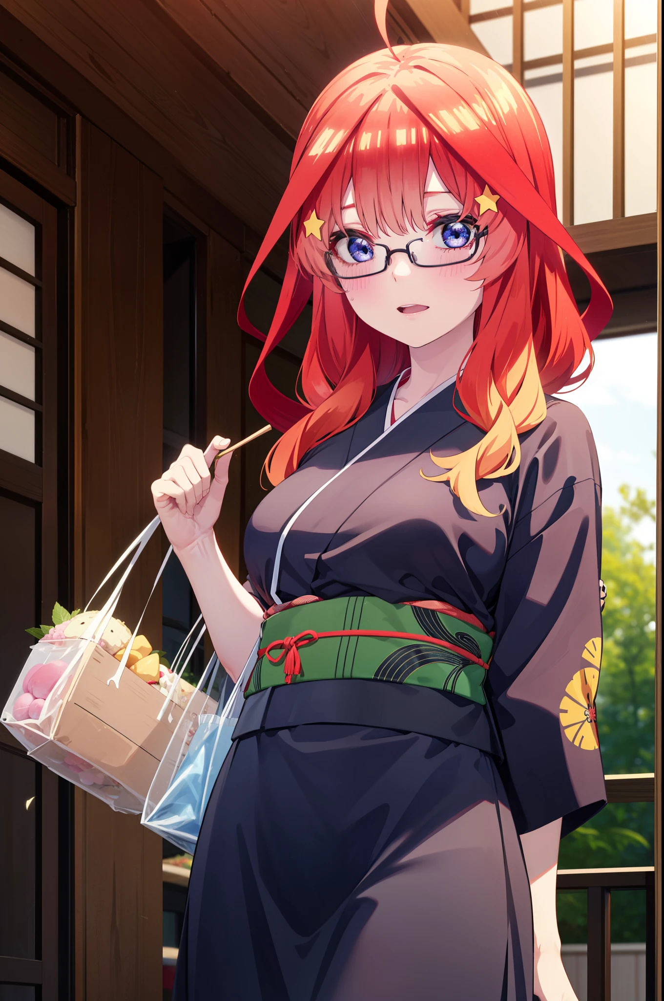 itsukinakano, Itsuki Nakano, bangs, blue eyes, Hair between the eyes, Ahoge, Redhead, star \(symbol\), hair ornaments, star hair ornaments,花のhair ornaments,Black-rimmed glasses,hair tied back,smile,blush,Open your mouth,Big Breasts,night,Red Kimono,Long skirt,He is holding cotton candy in his right hand and a clear bag full of cotton candy in his left hand.,Japanese Festivals,Summer festival food stalls,Red lantern,whole bodyがイラストに入るように,
break looking at viewer,whole body, (Cowboy Shot:1. 5),
break outdoors, Veranda,
break (masterpiece:1.2), Highest quality, High resolution, unity 8k wallpaper, (figure:0.8), (Beautiful attention to detail:1.6), Highly detailed face, Perfect lighting, Highly detailed CG, (Perfect hands, Perfect Anatomy),