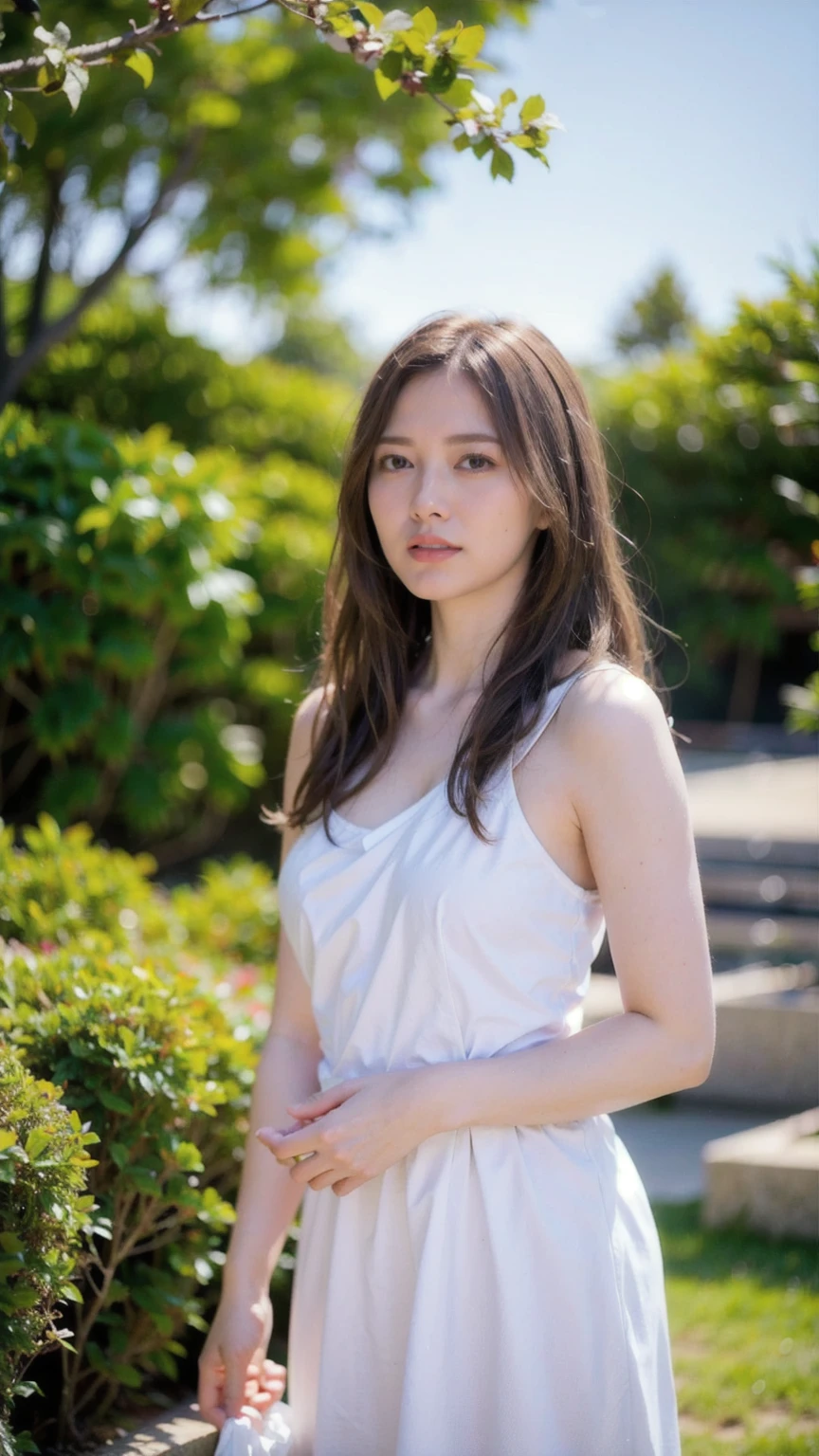 (Raw photo, Best Quality), (Realistic, Photorealsitic:1.3), masutepiece, Extremely delicate and beautiful, Soft light, (Brown hair, Shoulder-length straight hair swaying in the wind), Beautiful detailed girl, (Detailed fingers), extremely detailed eye and face, beautiful detailed nose, Beautiful detailed eyes, 1 girl, Japanese, Neat and clean beauty, Cute, young, ((white dress)), Pants, (Half body:1.3), (big breasts:1.3), Realistic face, Realistic body, standing