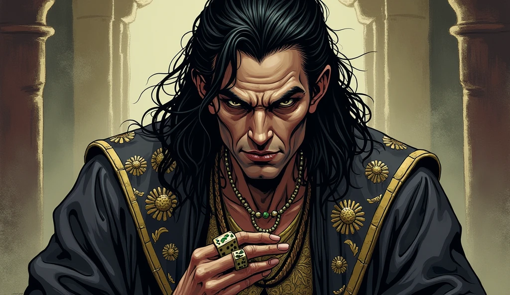 Face: Shakuni has a sharp, angular face with high cheekbones. His expression is often cold and calculating, with a thin, sinister smile. One of his eyes is clouded and half-closed, while the other is sharp and piercing.
Hair: His hair is long, black, and slightly disheveled, often tied back, with a few loose strands framing his face.
Clothing: He wears traditional royal attire in dark, muted colors, like deep purples and blacks, with intricate gold embroidery. His robes have an aged and worn look, adding to his menacing presence.
Body: Shakuni’s body is slightly hunched, with a noticeable limp due to his twisted, broken legs. He walks with the aid of a simple wooden cane or staff. His hands are often shown holding bone dice, symbolizing his cunning nature.
Accessories: He may wear a few gold rings, and a thin gold chain around his neck, with a dark gemstone pendant. His overall look should suggest both nobility and something sinister.
Expression: His expression should alternate between a mask of loyalty and hidden malice, emphasizing his duplicitous nature.
In comic style