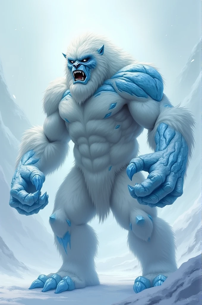 Personnage inspiré d'un Yéti avec des poing de glace un corps blanc teinté de bleu mélange a du ciel pale un corps de Yéti muscle des yeux noir est blanc une tête de Yéti avec orné de glace sur sont visage a moitié vers. S'est yeux
Des jambes de Yéti avec des Pieds de glace est une côte combattant dangereux