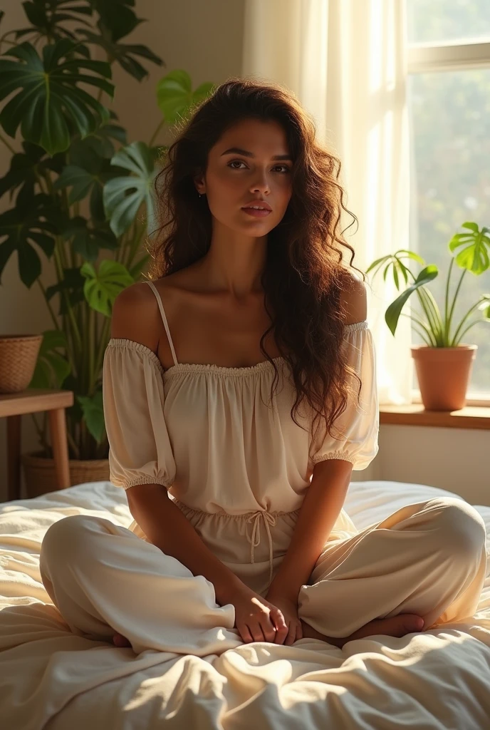 (photorealism:1.2), beautiful woman, sitting on bed, wearing loose off-shoulder top, pajama pants, long curly hair, indoors, soft lighting, plants in background, window with sunlight, cozy room, relaxed pose, realistic, intricate details, warm colors, by Greg Rutkowski, by Alphonse Mucha