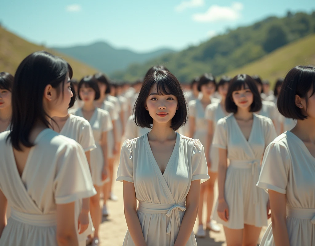 (((((Japanese Clone girls=Myself)))))), (((best masterpiece Clone girls Raw Photography Art))), (16K, Highest quality, Ultra-high resolution, RAW Photos), (((Unrealistic, Unparalleled depiction, An unbelievable sight, Unprecedented and shocking, In a world where myselves are multiplied, Ultra-realistic))), (((Japanese, woman, 20yo, Sasaki Nozomi))), (Small face, ((Thick black hair, Short Hair))), ((V-neck short-sleeve dress)), (((((Very beautiful detailed girls, Accurate body structure, Very detailed完璧な, Super busty body with very large breasts, Clearly emphasizes cleavage))))), (((Dark Eyes, Mature face, Cute Smile, A gentle gaze))), (((Very happy laughter is beautiful))), ((((((((Very detailed分身増殖描写, ((1Myself → Clone Multiplication → 1,000,000,000,000,000,000,000,000Myself)))))))))), ((((((((Very detailed, 寸分違いない緻密なMyself multiplication描写の, ((With the same perfectly MySelf body, With a face that is exactly the same as Myself, With the exact same hairstyle as Myself, In the exact same clothes as Myself, Perfectly the same height as Myself, The same super big breasts as Myself)))))))))), (((Myself only))), (((Very detailed, Myself multiplication, 1,000,000,000,000,000,000,000,000Myself→100,000,000,000,000,000,000,000,000,000,000,000,000,000,000^1,000,000,000,000,000,000Myself))), (((Very detailed, (An embrace between self, Back to Back, Myself is here!, Fun conversation with others, Happy conversation with myself, Kissing each other anywhere, Doting on Myself, Myself holding hands)))), (Free pose), (Sexual seduction), (((Unbelievably crowded, Close contact between transcendent selves, Countless "myselves" completely surround me in 360 degrees))), (Bright and soft sunlight), (((Very wide field of view, Very detailed, Detailed ultra-perspective depiction with clear depth))), (((((Slope Scenery))))), (((Very photographic and detailed, Myself is infinitely multiplied, filling the gaps and filling the horizon, Myself exists infinitely and it creates a fun atmosphere))), (Focus on the average value of the image)