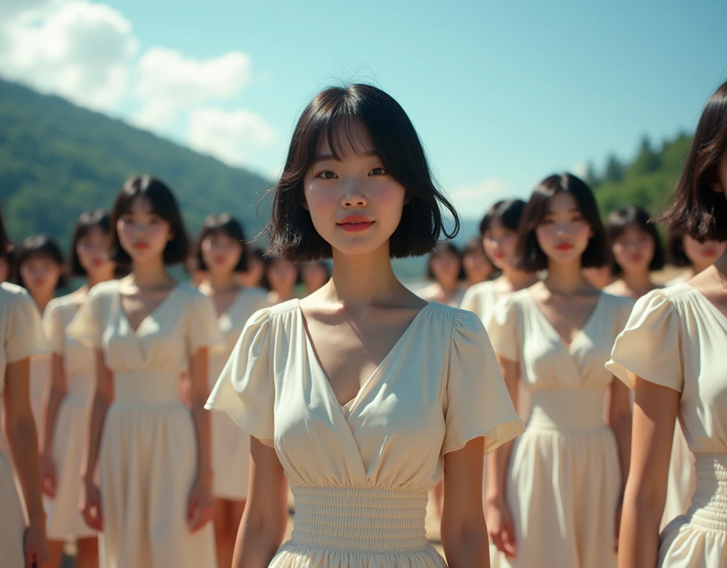 (((((Japanese Clone girls=Myself)))))), (((best masterpiece Clone girls Raw Photography Art))), (16K, Highest quality, Ultra-high resolution, RAW Photos), (((Unrealistic, Unparalleled depiction, An unbelievable sight, Unprecedented and shocking, In a world where myselves are multiplied, Ultra-realistic))), (((Japanese, woman, 20yo, Sasaki Nozomi))), (Small face, ((Thick black hair, Short Hair))), ((V-neck short-sleeve dress)), (((((Very beautiful detailed girls, Accurate body structure, Very detailed完璧な, Super busty body with very large breasts, Clearly emphasizes cleavage))))), (((Dark Eyes, Mature face, Cute Smile, A gentle gaze))), (((Very happy laughter is beautiful))), ((((((((Very detailed分身増殖描写, ((1Myself → Clone Multiplication → 1,000,000,000,000,000,000,000,000Myself)))))))))), ((((((((Very detailed, 寸分違いない緻密なMyself multiplication描写の, ((With the same perfectly MySelf body, With a face that is exactly the same as Myself, With the exact same hairstyle as Myself, In the exact same clothes as Myself, Perfectly the same height as Myself, The same super big breasts as Myself)))))))))), (((Myself only))), (((Very detailed, Myself multiplication, 1,000,000,000,000,000,000,000,000Myself→100,000,000,000,000,000,000,000,000,000,000,000,000,000,000^1,000,000,000,000,000,000Myself))), (((Very detailed, (An embrace between self, Back to Back, Myself is here!, Fun conversation with others, Happy conversation with myself, Kissing each other anywhere, Doting on Myself, Myself holding hands)))), (Free pose), (Sexual seduction), (((Unbelievably crowded, Close contact between transcendent selves, Countless "myselves" completely surround me in 360 degrees))), (Bright and soft sunlight), (((Very wide field of view, Very detailed, Detailed ultra-perspective depiction with clear depth))), (((((Slope Scenery))))), (((Very photographic and detailed, Myself is infinitely multiplied, filling the gaps and filling the horizon, Myself exists infinitely and it creates a fun atmosphere))), (Focus on the average value of the image)