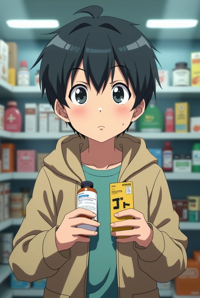 Create an anime about a boy thinking and looking what to buy between two products one is real and the other is fake and he is holding the medicine product 