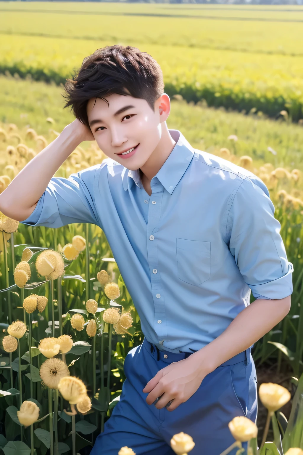 (zh-CN) farmland, Morning Dew, Wheat field scorched by the sun, Dandelions in bloom leisurely, (1 boy), A bright smile under the bright sunshine, Wear light cotton clothing, Blue shirt, Kind and natural.
