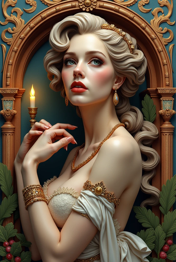 araffe,Ancient Rome,seductive meretrix,beautiful detailed eyes,beautiful detailed lips,extremely detailed eyes and face,longeyelashes,plaster carving,dramatic lighting,highly detailed,baroque style,vivid colors,marble materials,classic sculpture,soft focus,street scene,glowing lanterns,mysterious atmosphere,colorful clothing,architecture details,decorative motifs,colorful mosaic,fountain,romantic sunset,stone pathway,palm trees,people in togas,ornate jewelry,elaborate hairstyles,elaborate makeup,romantic encounter,statues of gods,ornate columns,impressive arches,fresco paintings,expensive perfumes,fine wines,sensual music,seductive dance,tempting fruits.