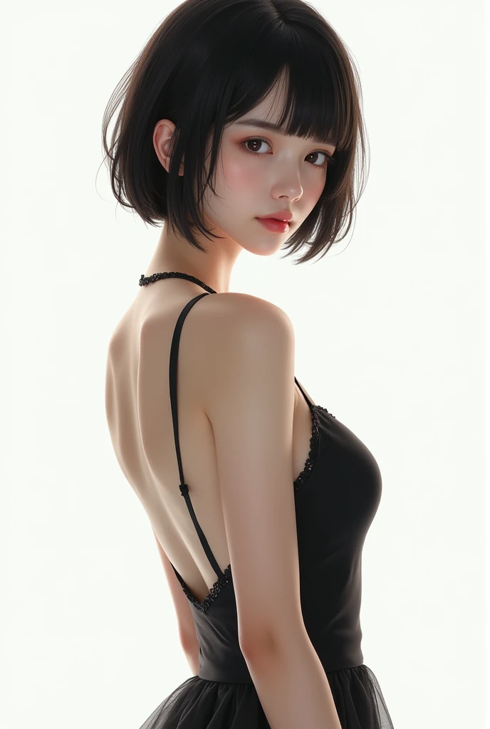 A japanese hot girl with short hair black and white dress , white background