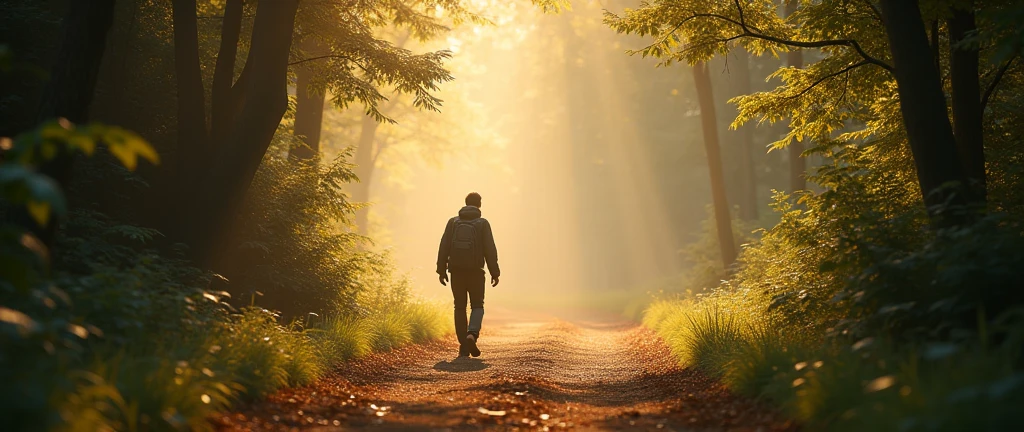 /imagine prompt: [4K Ultra HD], serene forest path, early morning, soft and reflective, single figure walking away, carrying a small backpack, warm sunlight filtering through dense trees, dappled light on the path, distant horizon slightly blurred, warm earthy tones with soft greens and browns, rough texture of the dirt path, smooth surfaces of leaves glistening with dew, golden hour lighting, gentle rustling of leaves, calm and determined, slight motion blur on the figure's movement, frozen moment of serene progression, eye-level view, focus on the figure and path, deep field of view with clarity from foreground to background, "FIND PURPOSE" text overlay, ultra-sharp details on the figure and path, soft glow on the sunlight, influences from classic landscape photography, figure and path as key focus, background elements softened, Negative prompt: busy city, modern buildings, electronic devices, --ar 16:9 --v 5.2 --q 2