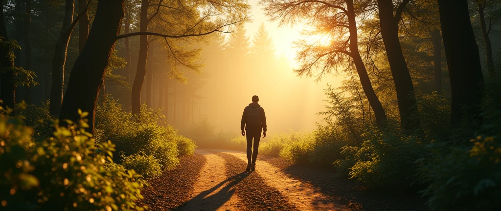 /imagine prompt: [4K Ultra HD], serene forest path, early morning, soft and reflective, single figure walking away, carrying a small backpack, warm sunlight filtering through dense trees, dappled light on the path, distant horizon slightly blurred, warm earthy tones with soft greens and browns, rough texture of the dirt path, smooth surfaces of leaves glistening with dew, golden hour lighting, gentle rustling of leaves, calm and determined, slight motion blur on the figure's movement, frozen moment of serene progression, eye-level view, focus on the figure and path, deep field of view with clarity from foreground to background, "FIND PURPOSE" text overlay, ultra-sharp details on the figure and path, soft glow on the sunlight, influences from classic landscape photography, figure and path as key focus, background elements softened, Negative prompt: busy city, modern buildings, electronic devices, --ar 16:9 --v 5.2 --q 2