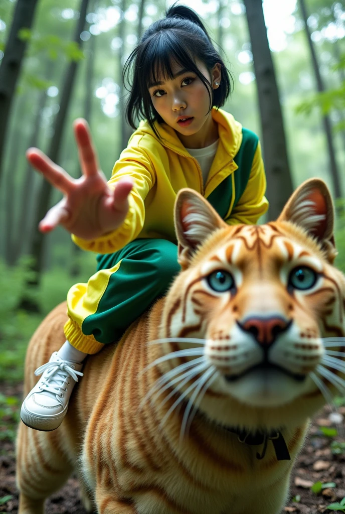 Full-body photo of a korean young woman holding out his hand fucking to present a hand with short ponitail black hair, blue eyes, riding a big giant a cat on the floor in a cool pose. Strong wide angle photography effect. She is dressed in an electric-yellow and green tracksuit and wears high-top white sneakers. She is isolated against a light forest background and gestures a card to the camera in front of her. professional photography, sharp focus, intricate details, wide angle, fisheye --ar 39:64 --v 6.1