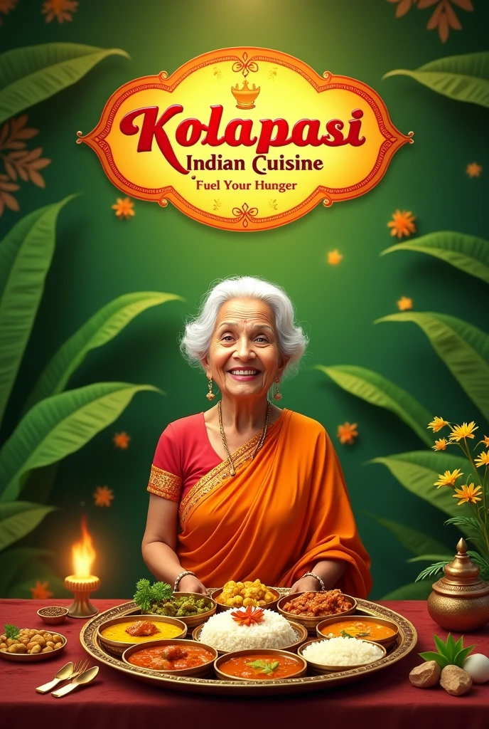 banana leaf background with a happy old lady with restaurant name kolapasi indian cuisine with tag line fuel your hunger and thali with items